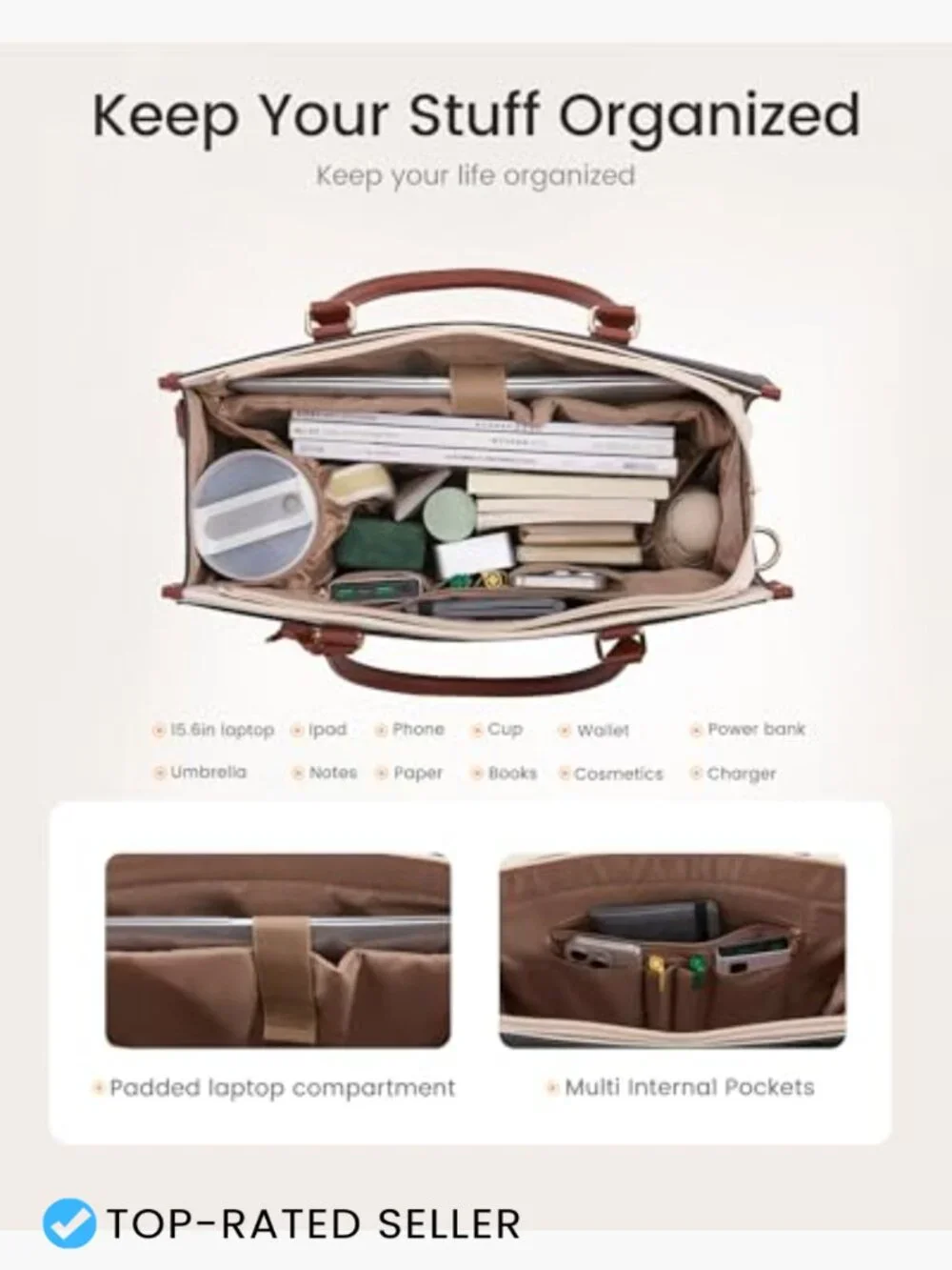 2-in-1 Laptop Tote Bag with Removable Clutch & Cup Holder, Waterproof Work